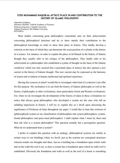 SYED MUHAMMAD NAQUIB AL-ATTAS'S PLACE IN AND CONTRIBUTION TO THE HISTORY OF ISLAMIC PHILOSOPHY